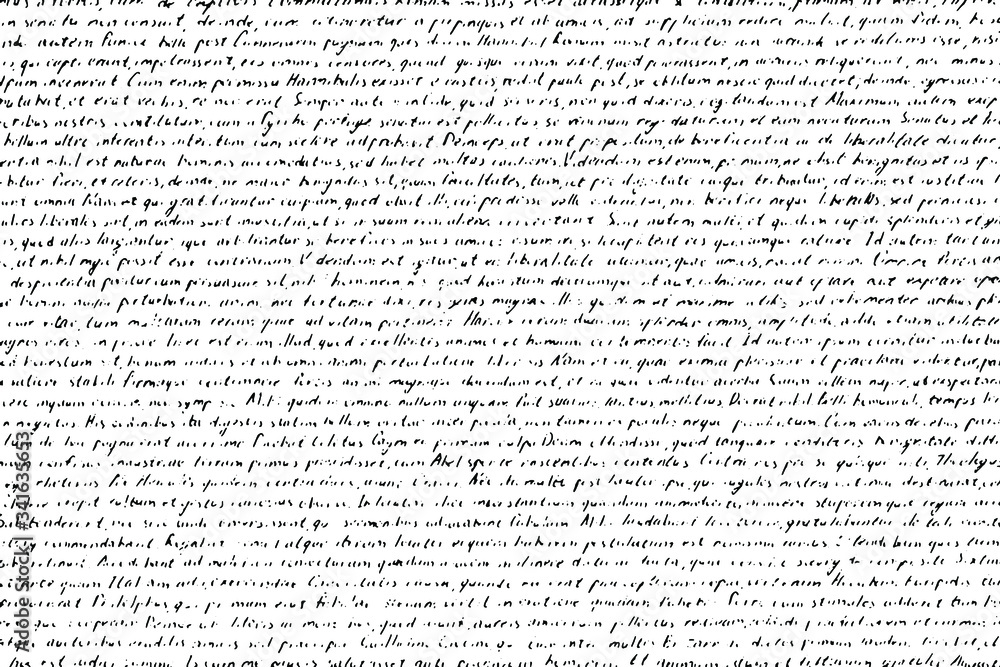 Grunge texture of an old illegible manuscript. Monochrome background of half-erased handwritten text. Overlay template. Vector illustration - obrazy, fototapety, plakaty 