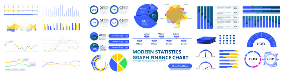 Fototapete - Modern infographic template with stock diagrams and statistics bars, line graphs and charts for finance report. Diagram template and chart graph, graphic information visualization. UI, UX, GUI. Vector