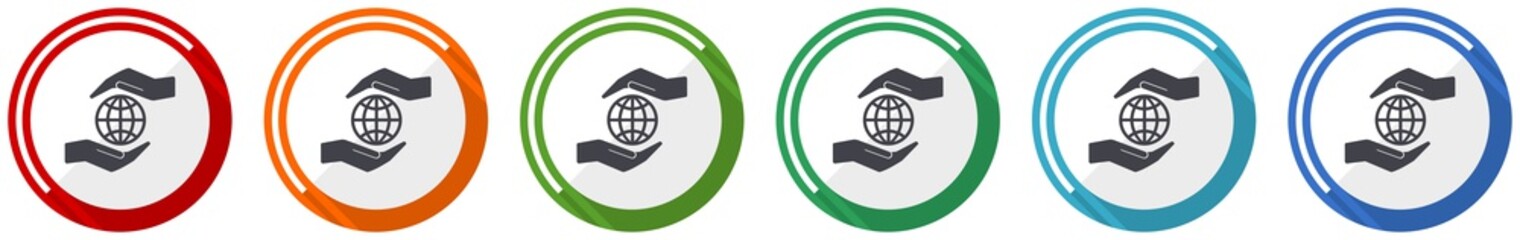 Poster - Hand care planet environment icon set, flat design vector illustration in 6 colors options for webdesign and mobile applications
