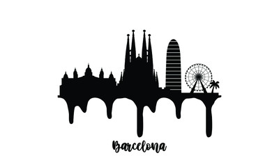 Barcelona Spain black skyline silhouette vector illustration on white background with dripping ink effect.