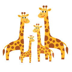  Cartoon cute giraffe family in flat style isolated on white background. Childlike style. Vector illustration.  