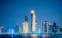 Night View Of Beautiful City Of Abu Dhabi Taken During Blue Hour View From Marina Backwater UAE 