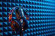 Studio condenser microphone with professional headphones acoustic panel