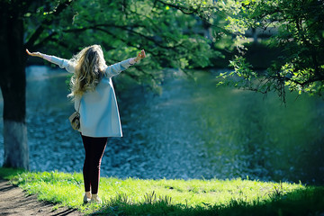 Wall Mural - spring, female seasonal portrait / walk happy girl outdoors, spring mood girl