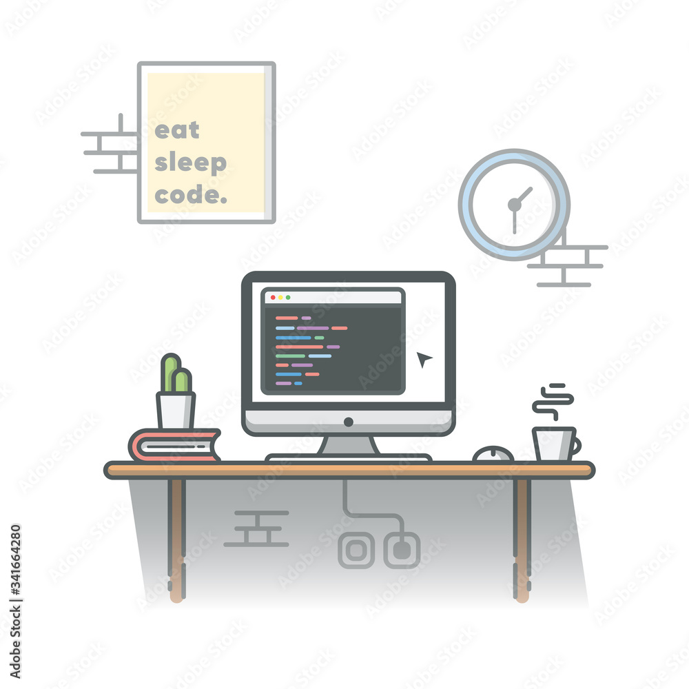 Coding Environment Cartoon Coding Programmer Workspace with Cactus, Coffee and Book Vector ...