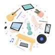 © divanovskaya_nv - Flat vector illustration with items for a podcast studio. Round concept of cabinet elements for podcasts, interviews, music studio.