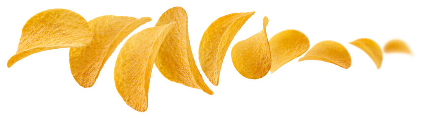 Potato chips levitate on a white background