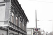 Corner of the street with stylish tenement house. Selective focus.