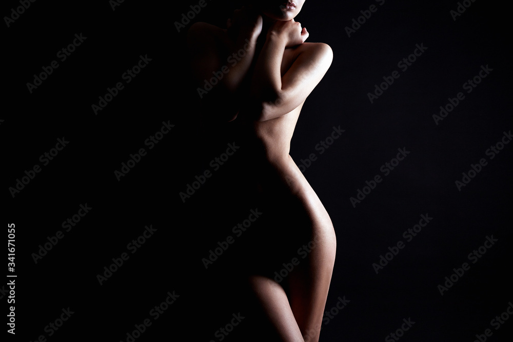 Nude Woman silhouette under light in the dark - obrazy, fototapety, plakaty 
