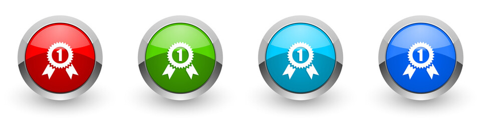 Poster - Badge silver metallic glossy icons, winner, first, award concept set of modern design buttons for web, internet and mobile applications in four colors options isolated on white background