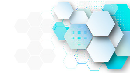 Wall Mural - abstract background template science and technology presentation, hexagonal shape with blue and soft