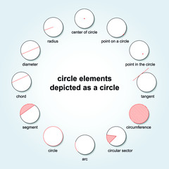 Vector geometric infographics circle elements depicted as a circle. Shown center of circle, radius, diameter, chord, segment, circle, circular sector, circumference, tangent, point.