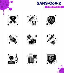 9 Solid Glyph Black Set of corona virus epidemic icons. such as washing, seconds, virus vaccine, hands hygiene, medical