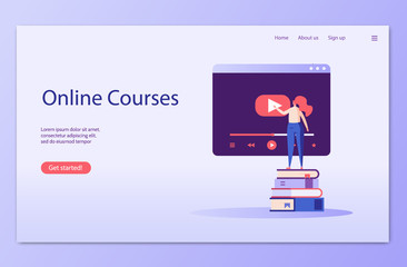 Female student standing and studying online courses with phone. Online course and webinar. Concept of successful studying, online lesson, modern education. Vector illustration in flat design