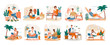 © Rudzhan - Freelance Character set showing ten scenes of people at work on laptops at the seaside, in an office and at home, vector illustration
