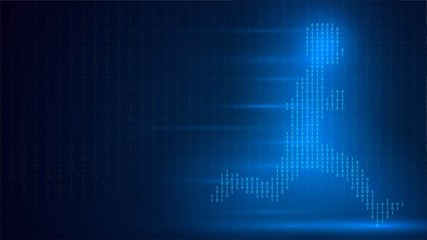Dark technology background with a running luminous person from binary code