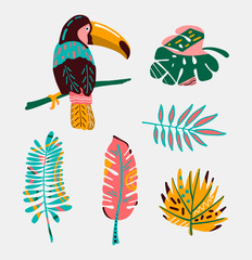 Wall Mural - Colorful tropical bird with leaves.