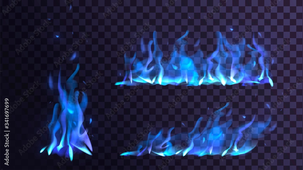 Vector set flame and bonfire on a transparent background, blue fire ...