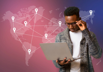 Aufkleber - Black hacker holding laptop with virtual display server data
