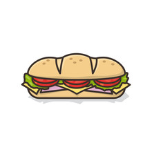 Hoagie Or Sub With Tomato, Lettuce, Ham, Cheese Isolated Vector Illustration For Hoagie Day On May 5th