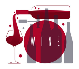 Wall Mural - Wine glass with a drink and a bottle of alcohol. Graphic poster, icon, vector banner with red grape wine, glass, bottles and corkscrew.