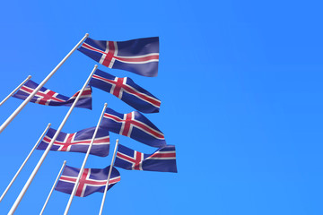 Wall Mural - Iceland flags waving in the wind against a blue sky. 3D Rendering