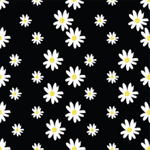 Repeat Daisy Flower Pattern With Black Background. Seamless Floral Pattern. Stylish Repeating Texture. 
