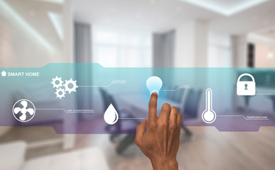 Poster - Internet of things. Millennial guy using remote smart home control system, pushing button on virtual screen, collage