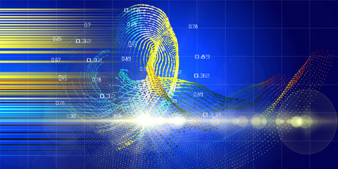 Abstract futuristic background of data color dots flow and blurred lines in dark. Quantum virtual cryptography. Big data.   Business visualization of artificial intelligence with lens flare.