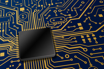 Aufkleber - Computer hardware technology. Blue circuit board with gold lines and microprocessor, empty space. Illustration