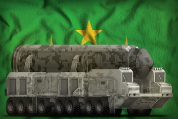 intercontinental ballistic missile with city camouflage on the Mauritania national flag background. 3d Illustration