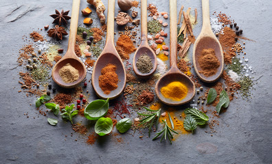 Wall Mural - Herbs with spices on graphite board