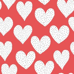 Wall Mural - Seamless pattern white doodle hearts with black dots on red background. Hand drawn cute heart shapes repeating Valentines day illustration. Use for wrapping, packaging, kids fabric, wedding