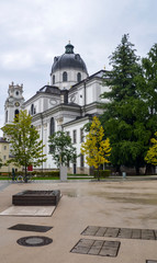 View of Baroque roman catholic church Salzburg Cathedral (Salzburger Dom) at Domplatz. This is a main historical building in Salzburg city, Austria