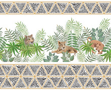 Seamless Border Pattern Of Vector Savannah Safari Animals And Golden Chins Fringe With Zebra Stripes. Lioness And Tiger Cub, Branches, Grass, Herbs, Bush And Palm Tree Leaves On A White Background