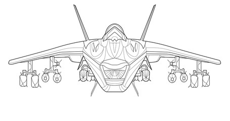 Wall Mural - Military jet coloring page for book and drawing. Airplane. War-plane. Aircraft.Vector vehicle illustration. Bird. Graphic element. Plane. Black contour sketch illustrate Isolated on white background