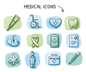 Wall Mural - Set of different medical icons and objects, such as doctor, fetus, wheelchair, clipboard, heart, blood, thermometer. Hand drawn cartoon sketch vector illustration, marker coloring on blue green tiles 