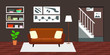 © Frame Studio - Living room with furniture. Flat style vector interior illustration . Sofa, pillow,  lamp, pictures on wall, flower, shelf. Daylight apartments . Hotel suite with city views. Upstairs. Renting a home