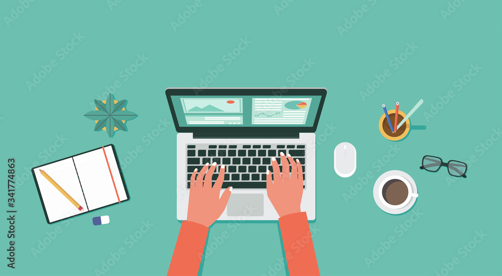 work from home and new normal concept on top view, remote working, freelance workplace with laptop computer, pencil, rubber, glasses, notebook, plant and coffee, vector flat illustration - obrazy, fototapety, plakaty 