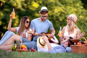 Poster - Group of happy friends having fun outdoors with guitar.