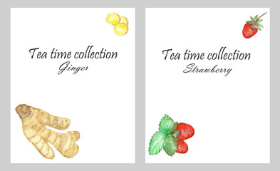 Watercolor hand painted nature herbal fruit drink two frame set with yellow ginger root, slices and red wild strawberry with green leaves cards with tea time collection text on the white background