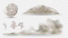 Desert Plants And Dust, Arid Climate Elements On A White Background, Tumbleweed And Sandstorms