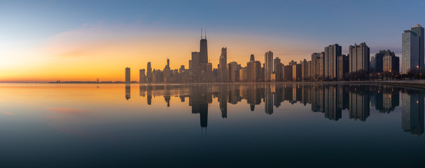 panoramic chicago skyline cityscape at night and blue sky with cloud, chicago, united state