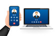 © DG-Studio - Incoming video call on laptop. Laptop with incoming call, man profile picture and accept decline buttons. Vector stock illustration.