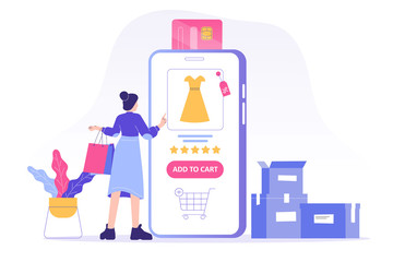 Online shopping service concept. Young woman customer holding colorful shopping bags and ordering with smartphone app. Ordering with online payment. Purchase. Isolated stock vector illustration