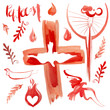 
A set of red watercolor hand-drawn elements on the theme of the Christian holiday 