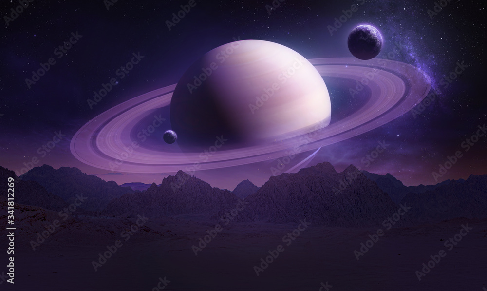 Sci-fi landscape with mountains and Saturn planet. Moon and planet on background. Purple colors. Elements of this image furnished by NASA - obrazy, fototapety, plakaty 