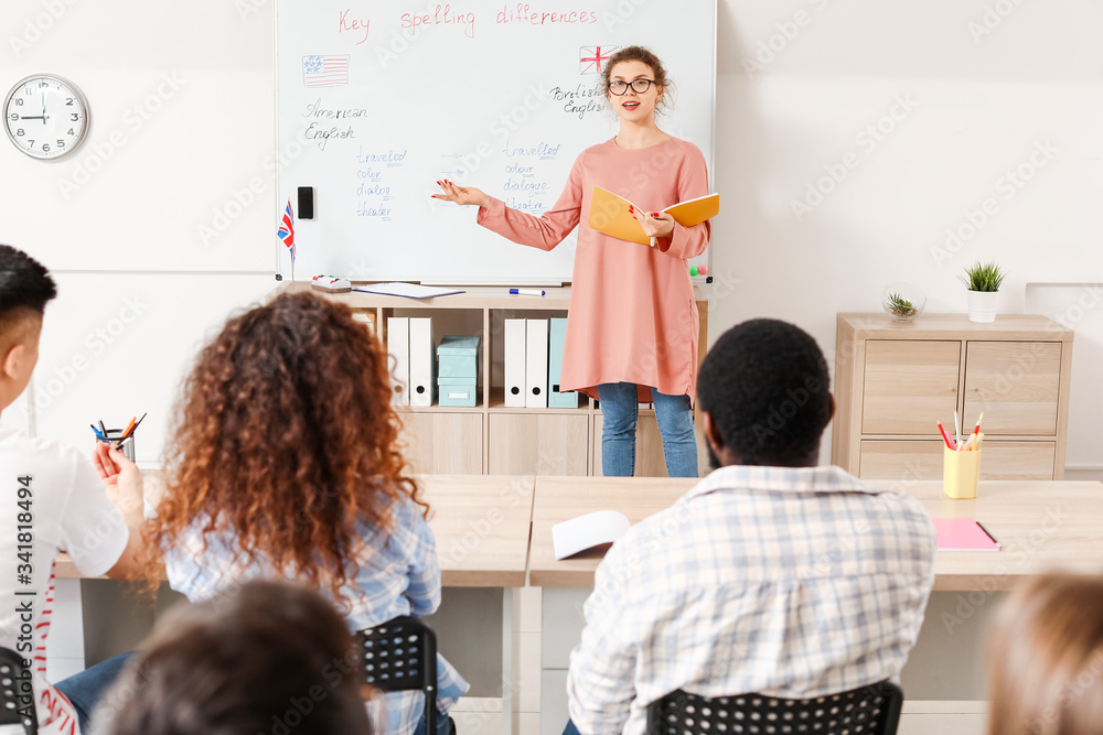 Teacher conducting lesson for students of language school