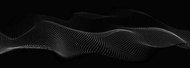 Wave of particles on dark background. Technology backdrop. Pattern for presentations. Vector illustration