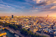 High resolution aerial panorama of Paris, France taken from the Notre Dame Cathedral before the destructive fire of 15.04.2019. The river Seine. Aerial view of Paris at sunset. Paris, France.